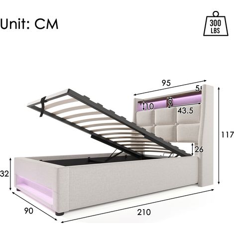 Lit 1 place 90x200 cm lumineux LED + ports USB, sommier métallique à lattes, cadre lin, literie complète (matelas inclus)