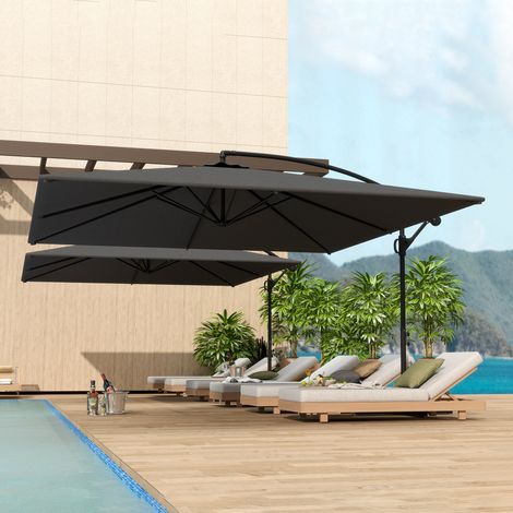 Parasol de jardin 2,8 x 3,8 m avec rotation à 360° et fonction d'inclinaison. Ouverture par manivelle. Gris. (1/5)