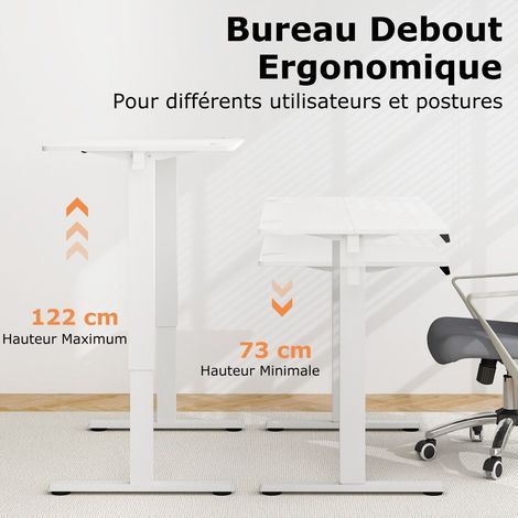 Bureau assis-debout électrique blanc avec hauteur réglable, 3 mémoires, écran LED et 2 crochets pour bureau et télétravail (1/5)