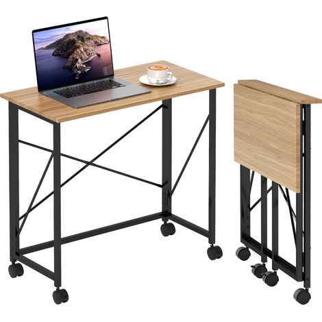 Scrivania pieghevole su ruote – Struttura in acciaio, piano in MDF effetto rovere, design salvaspazio, perfetta per home office e spazi ridotti