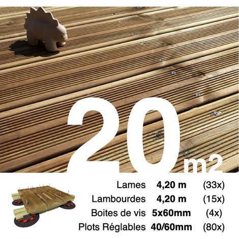 Terrasseenbois.Fr – Kit complet terrasse pin autoclave marron 20 m² – 33 lames 4,2 m – 15 lambourdes 4,2 m – 80 plots réglables – Visserie inox A2
