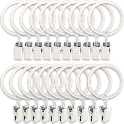 Confezione da 20 anelli per tende in metallo con clip, ganci per tende, fermatende, aste per tende, diametro interno 3,8 cm, bianco (1/4)