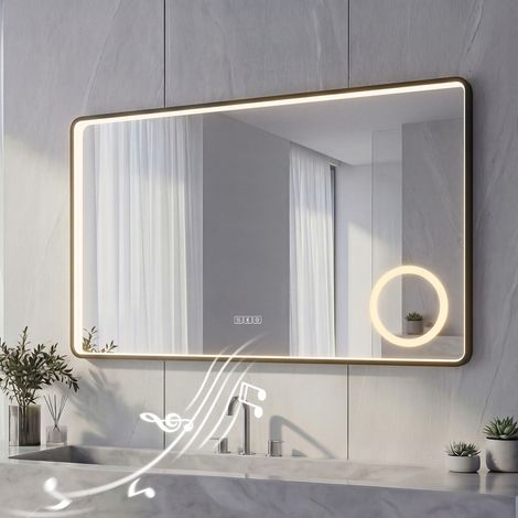 AquaWise Miroir lumineux de salle de bain Cadre noir 100x60 cm avec Bluetooth  Anti-buée 3 couleurs de lumière, Dimmable,Mémoire,IP44 (1/5)