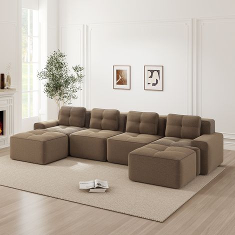 Divano modulare a U a 4 posti, elastico 32D, velluto a coste, 2 pouf, senza struttura, sedute extra profonde, 382x177x69 cm, marrone