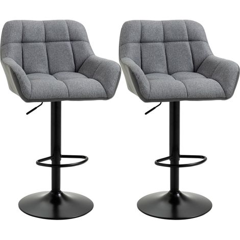 Barhocker küche 2er-Set Höhenverstellbar 360° drehbar mit Lehne und Fußstütze, Leinenoptik, bis 120 kg, 57,5 x 52,5 x 93-114 cm, Grau