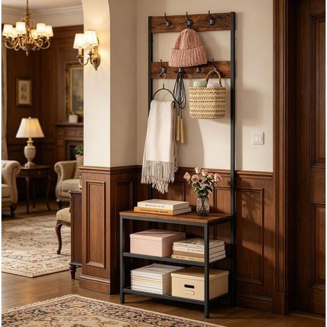 Appendiabiti da terra in metallo e legno rustico marrone con 7 ganci doppi, panca e 2 ripiani portascarpe, 60 x 31,5 x 170 cm (1/5)