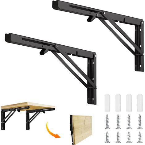 2 Pièces noir Console pliante robuste, 40CM Supports Triangulaires Angulaires Droits de 90 Degrés, Table Flottants Equerre Pliable pour établi, pour Garage, Cuisine, Chambre (1/5)