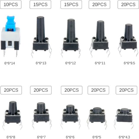 Kit d'assortiment de 180 micro-interrupteurs tactiles momentanés à bouton-poussoir, 10 valeurs, 6 x 6 mm, 4 broches (1/5)