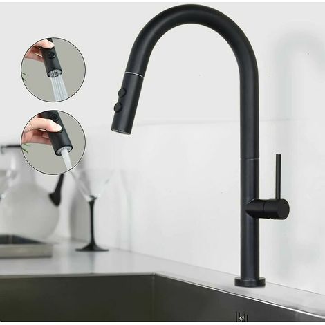 Black Kitchen Faucet, Kitchen Mixer Tap with Pull Out Spray, 360 Degree Rotating Sink Mixer with 2 Spray Modes, Single Lever Modern Kitchen (1/5)