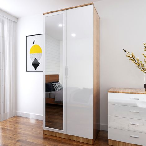 ELEGANT 1780x760x450mm High Gloss Wardrobe with Mirror and Metal Handles Includes a removable hanging rod and storage shelves, White/Oak (1/5)