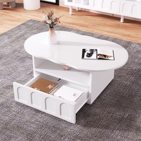 Tavolini bassi fissi 100x60x39,2 cm, forma di nuvola, tavolino da caffè, tavolino salotto, 1 cassetto, pannello di particelle, bianco (1/5)