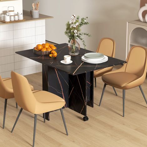 Tavolo da pranzo pieghevole con ruote e 2 prolunghe a ribalta, per un massimo di 6 persone, finitura effetto marmo, 120x80x73 cm, nero.