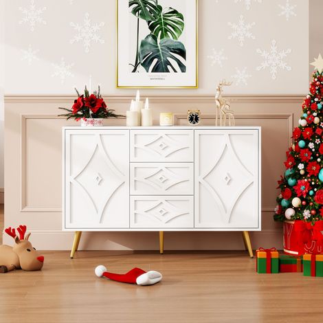 Commode Sideboard Blanc Motif Losange 3 Tiroirs 2 Portes – Pieds Or Design Moderne 120×40×80 cm Salon Couloir Chambre