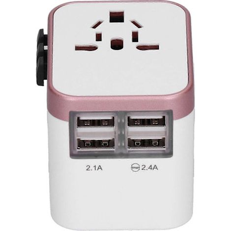 Adaptateur secteur international avec prise de voyage. doté de 4 ports USB. compatible avec le Royaume-Uni. l'UE. les États-Unis. le Japon. l'Australie et la Chine. 100240V. or rose. (1/5)