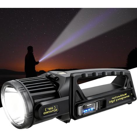 LETOUR Spot LED rechargeable 450000 lumens avec tête rotative à 350 °, 9 modes, super lumineux, lampe de poche solaire étanche IPX7 pour urgences (1/5)