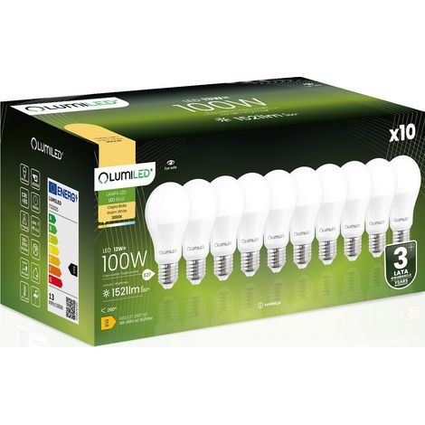 10 lampadine LED E27 A60 13W = 100W 1521lm 3000K Luce calda 260° LUMILED