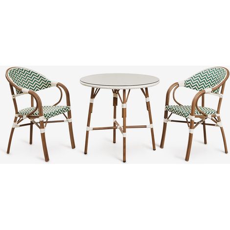 Ensemble table ronde Brielle Bistro, Ø80 cm, et deux chaises de salle à manger empilables avec accoudoirs en aluminium. SKLUM Vert Choux - Blanc Gardenia (1/5)