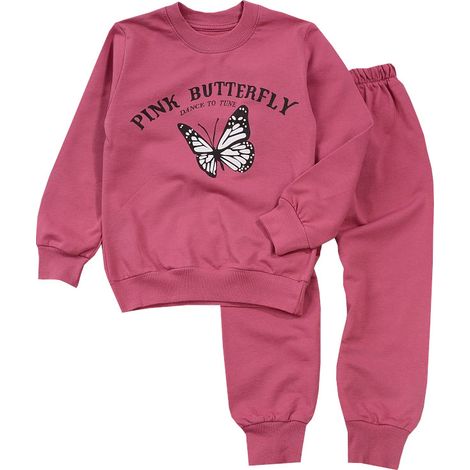 Mädchen-Trainingsanzug, Sweatshirt und Hose, Schmetterlingsmuster, Fuchsia, 98 J153A