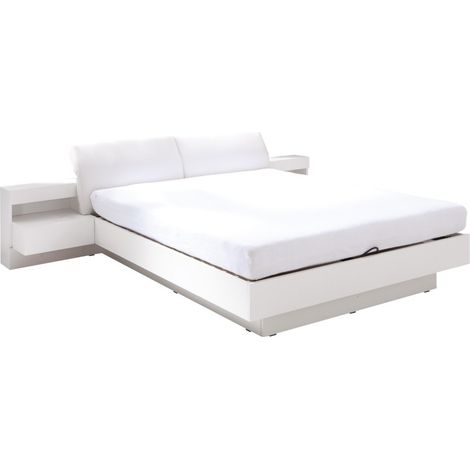 Bett mit Lattenrost 180x200 cm RENATO in Weiß mit integriertem Nachttisch mit LED – 291 x 90 x 236 cm