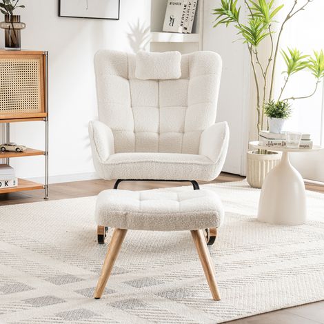 Fauteuil à bascule ergonomique blanc, hauteur 92 cm, largeur d'assise 65 cm - livré avec 1 coussin tête et 1 repose-jambes (49 x 38 x 38 cm), socle stable en caoutchouc, charge max 113 kg, siège relax (1/5)