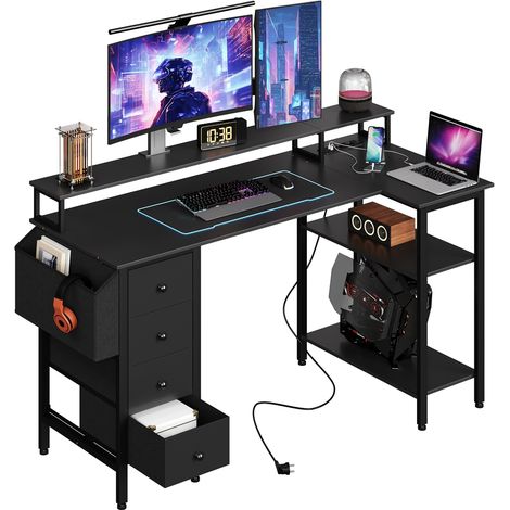 Yaheetech Bureau Informatique Angle Table en L Bureau Gaming Réversible en Bois avec Support d'écran 4 Tiroirs 2 étagère 1 Sac de Rangement et Prises pour Le Travail à Domicile 140 cm Noir (1/5)