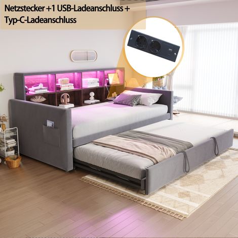 Canapé-lit 90x190 cm, lit gigogne, tête de lit avec rangements intégrés, bande lumineuse LED et prises de chargement, velours, gris foncé (1/5)