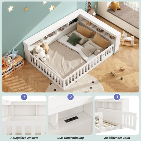 Lit de jour 140x190 cm, canapé convertible, table de nuit avec tiroir, sommier à lattes (sans matelas), barrière protectrice, panneaux en bois, prise et port USB, blanc (1/5)
