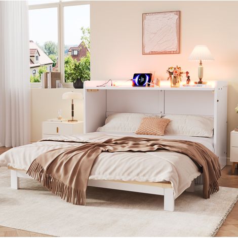 Bett 140x200 Schrankbett mit Stauraum und LED Weiß HAVRYA (1/5)