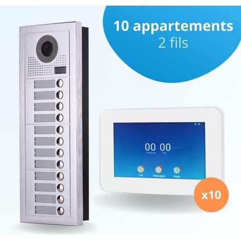 Portier interphone vidéo MODERN 2 Fils - 10 appartements - 10 écrans tactiles connectés 7" blanc (1/4)