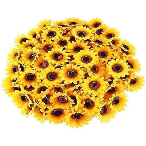 100 künstliche Seidenblütenköpfe, gelbe Sonnenblumen, 4 cm, zur Dekoration von Kuchen, Kronen, Broschen, Verpackungen und Blumenarrangements (1/5)