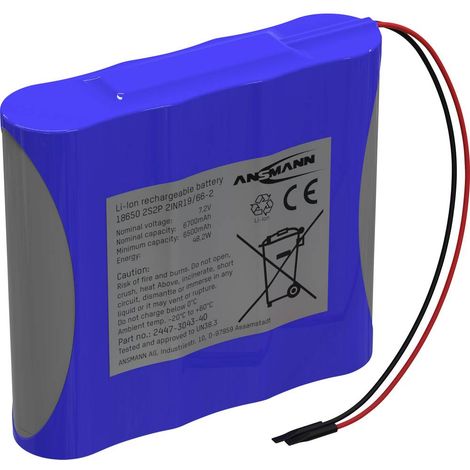 Ansmann 2S2P Pack de piles rechargeables 4x 18650 avec câble Li-Ion 7.2 V 6700 mAh