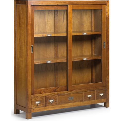Vitrine en bois massif de Mindy 2 portes coulissantes 5 tiroirs Orka 120cm (1/4)