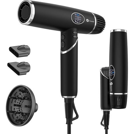 Seche Cheveux Ionique Voyage Pliable et Accessoires Silencieux Moteur Brushless 110000 RPM Léger/Contrôle de la Température/Écran Lcd/Diffuseur Magnétique/Faible Bruit (Noir) (1/5)