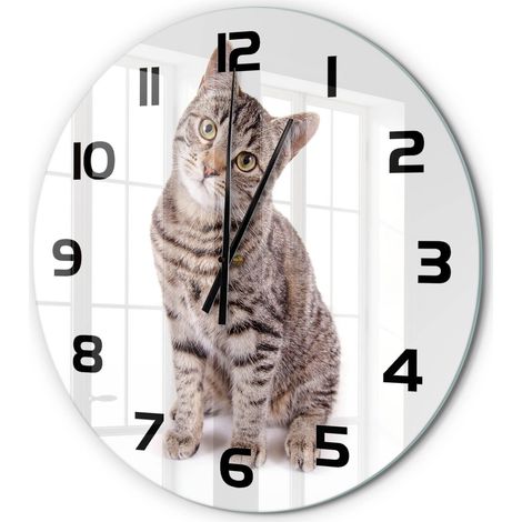 Horloge Murale Ronde Décorative Chambre Verre Trempé Silencieuse Sans Tic-Tac Chat fi 60 cm (1/5)