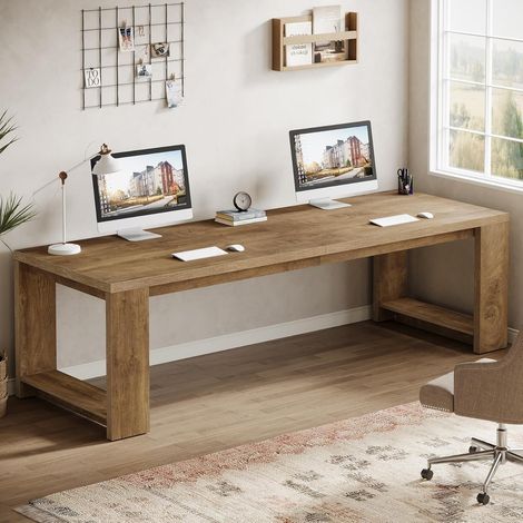 Tribesigns Two Person Desk, 86.6 Inches Extra Long Desk, Double Computer Writing Table, All Wood Large Desks Workstation for Home Office, Natural Wood (1/5)