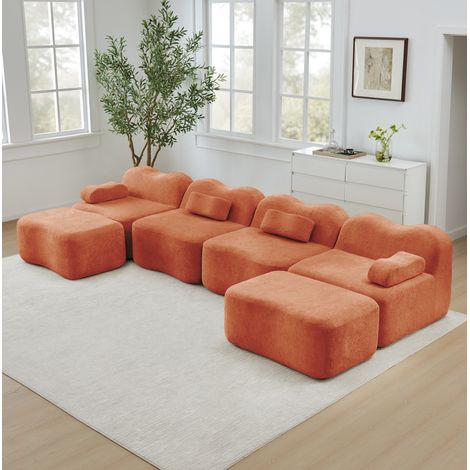 Sofá modular en U de 4 plazas con 2 otomanas, terciopelo naranja, espuma 32D, sin montaje (1/5)