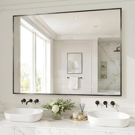 Bathroom Mirror 120 x 91 cm, Rectangular HD Tempered Glass Wall Mirror with Brushed Aluminium Alloy Frame for Hallway, Living Room, Bedroom, Black (1/5)
