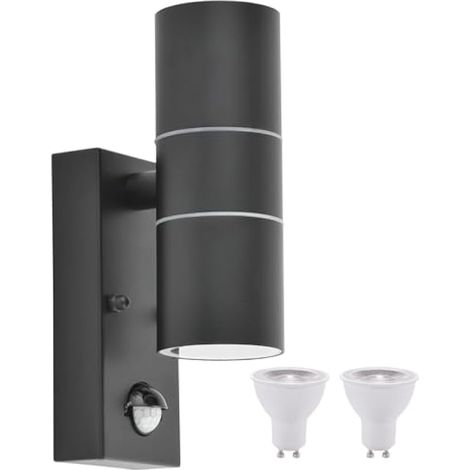 Applique Murale Exterieur Detecteur de Mouvement mit 2x GU10 Ampoule,Up down IP65 Etanche Noir Acier inoxydable luminaire exterieur (1/5)