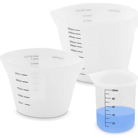 Lot de 3 Tasse à mesurer en silicone, 500 ml/250 ml/100 ml en résine époxy avec graduation transparente, Verre doseur cuisine, lot de tasses doseuses en silicone pour résine époxy