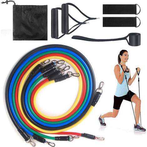 Set of 11 resistance bands for exercise, yoga exercises with 5 tubes, hand grips, door anchor, foot ring and storage bag for women M b (1/5)