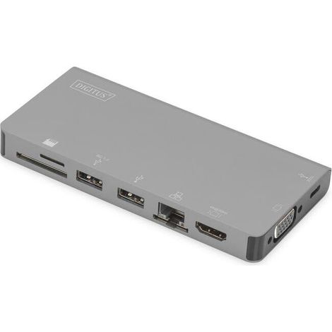 Base de viaje multipuerto USB-C Digitus, 8 puertos, gris: 2 de video, 2 USB C, 2 USB 3.0, RJ45, 2 lectores de tarjetas, DA-70877 (1/4)