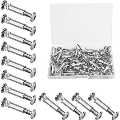 60 PCS M4 Vis Assemblage Meuble Vis de Connexion avec Boulon Vis de Raccordement en Fer Nickelé Vis de Connecteur de Meuble pour Bois de 31 à 40 mm d'Épaisseur, Armoire, Porte, Lit(Argent) (1/5)