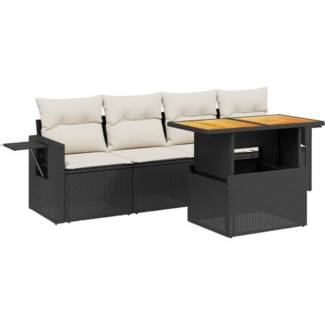 Salon de jardin 5 pcs Mobilier de jardin avec coussins noir résine tressée (1/3)