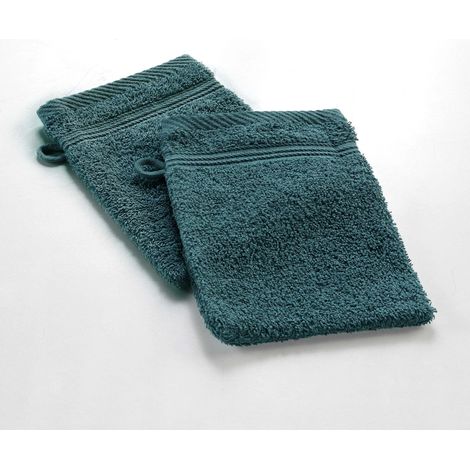 Douceur d'Intérieur, 2 guanti da bagno 15 x 21 cm smeraldo, 100% cotone, tenerezza (1/3)