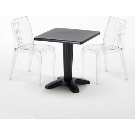 Mesa Cuadrada Negra 70x70 cm y 2 Sillas De Colores Transparentes Dune Balcony - Transparente