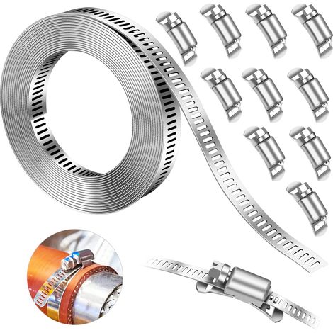 5m Collier de Serrage Inox avec 10 Pièces Fixation, Kit de Colliers de Serrage Réglable, pour Tuyaux, Gaz, Eau, Voiture, Machine à Laver, Jardin (1/5)