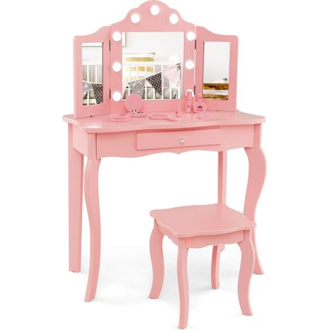 Set tavolo da toeletta e sgabello per bambini 70 x 34 x 103 cm con specchio pieghevole e luci LED design rosa 200019221