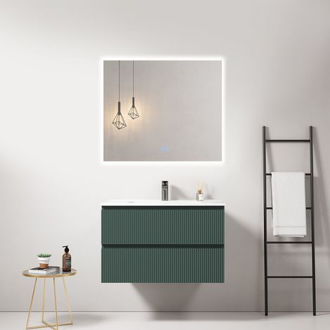 Mobile bagno sospeso cannettato 80 cm Verde Comodoro Lavabo in Ceramica Specchio Quadro Retroilluminato - Fiji Paint (1/4)