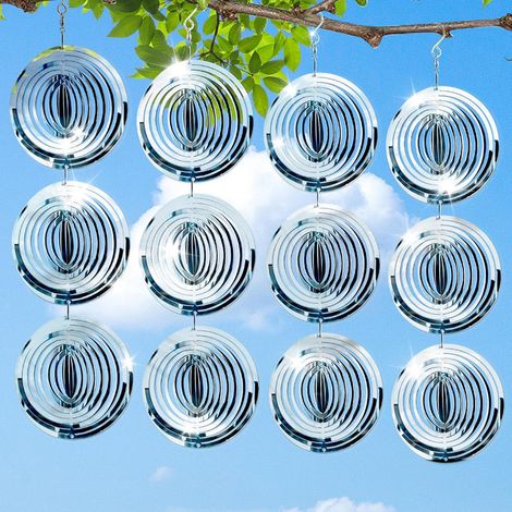 Éolienne ronde, miroir argenté double face, 10 cm, 4 pièces avec 12 plaques, répulsif oiseaux pour jardin (1/5)
