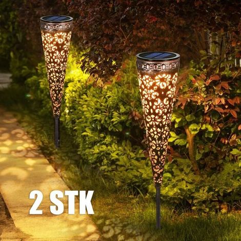 Lot de 2 lampes solaires métalliques pour jardin extérieur, éclairage LED solaire blanc chaud-AquaForge